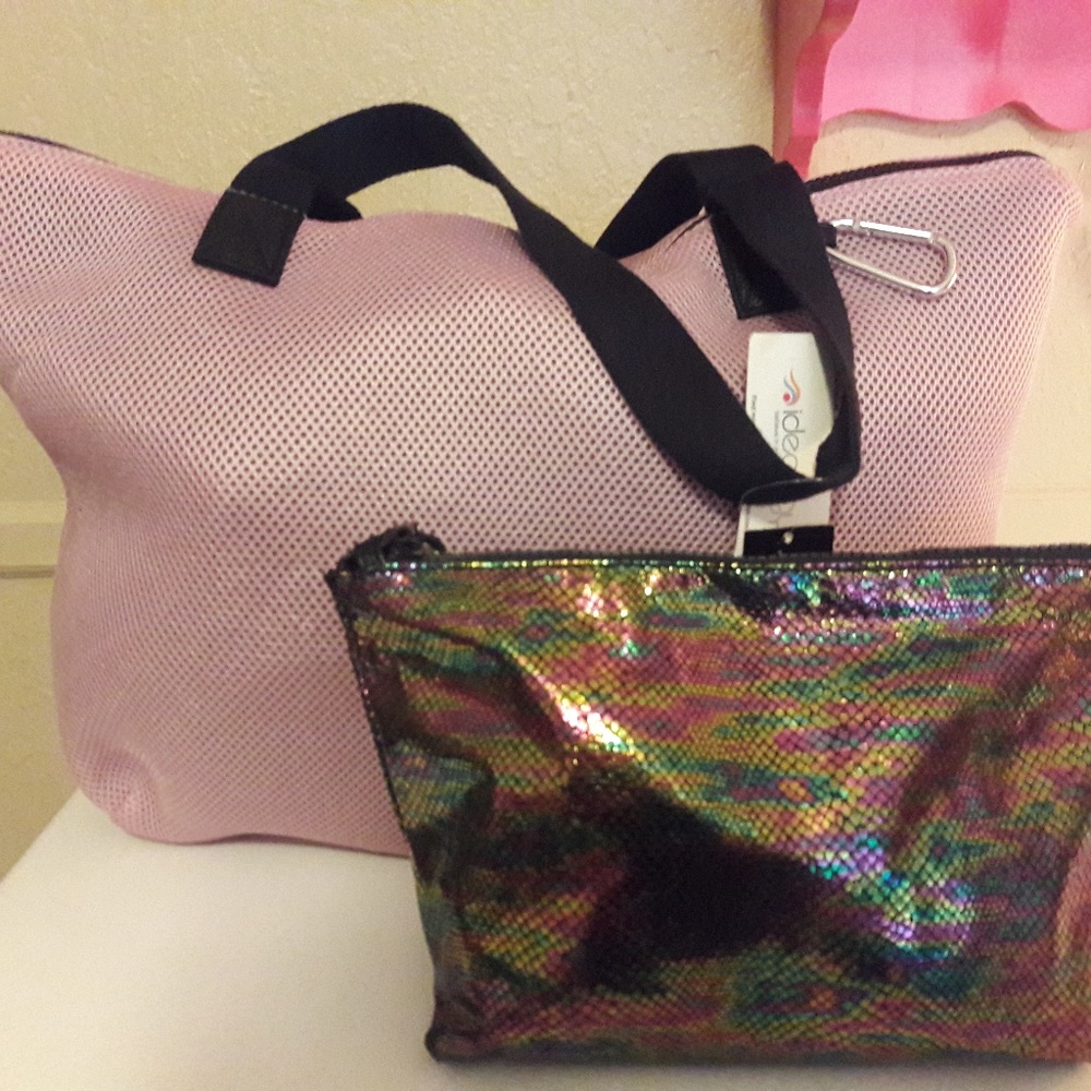 IDEOLOGY Pink Mesh XL Tote Bag with Rainbow Pouch